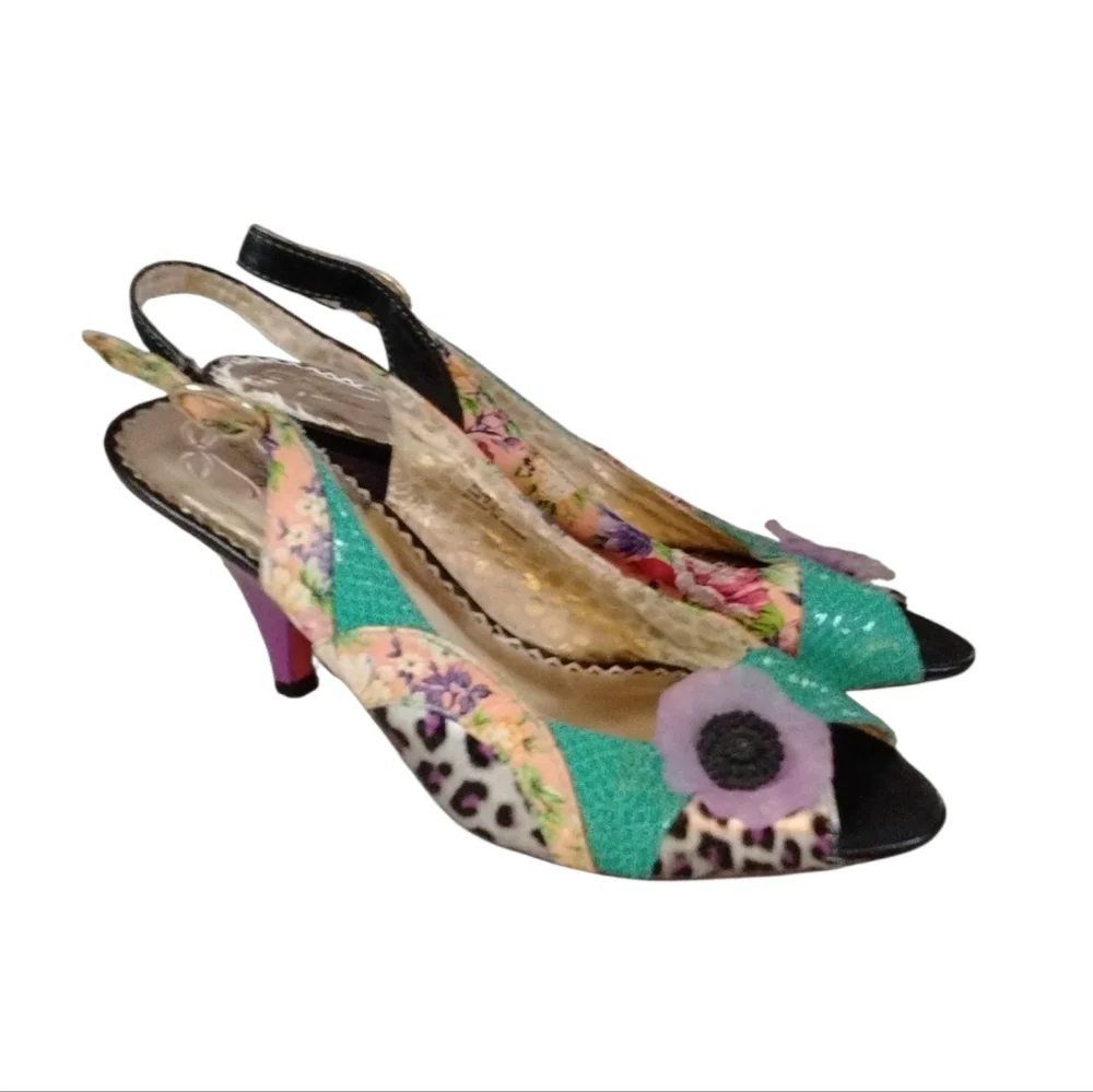 POETIC LICENSE Passion Fruit Tea Party Peep Toe Leather Sling Back Heels Sz 5.5